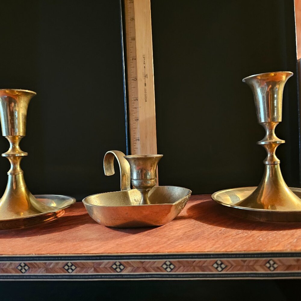 THREE Solid Brass Candlesticks
